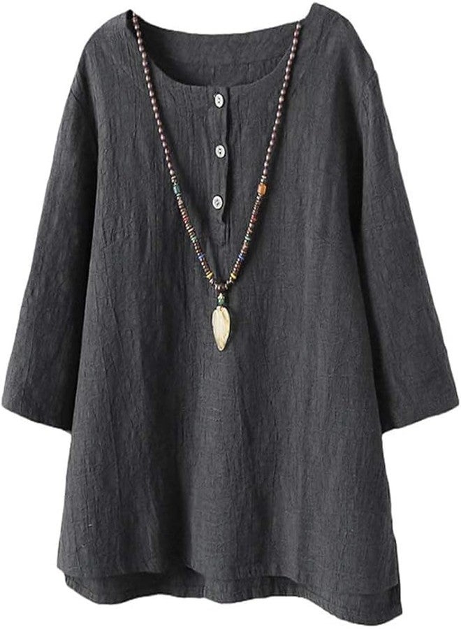 Minibee تيشيرت نسائي من مينيبي بأكمام ثلاثة أرباع من القطن والكتان بنقشة الجاكار (مقاس متوسط، رمادي) - Image 1